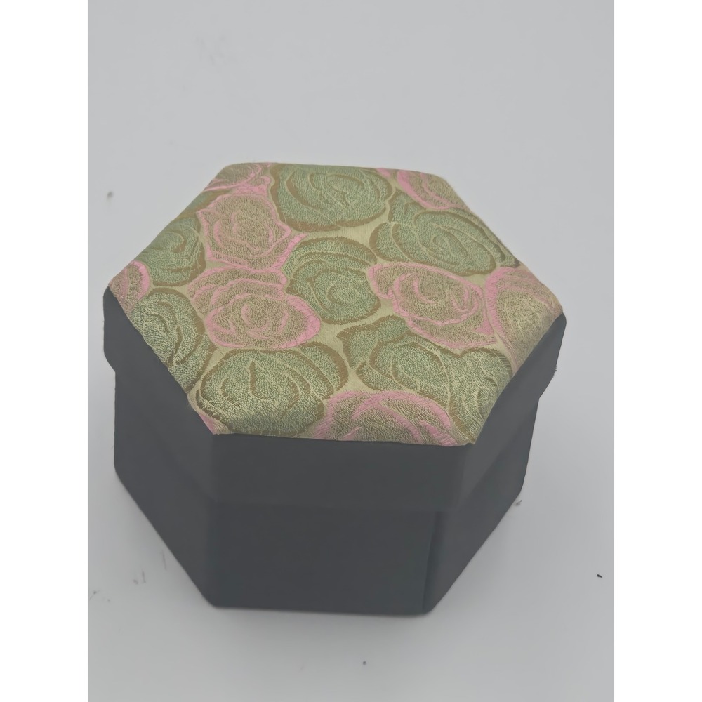 Vintage Hexagonal Silk Brocade Jewelry Box Black Pink Green Floral 3-Section